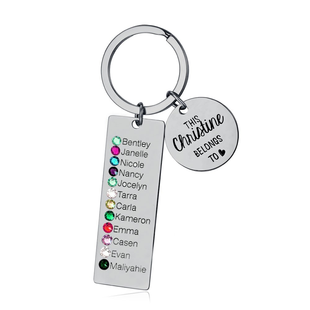 Personalised This Grandma Mum Grandpa Belongs to 8-15 Children Names with Birthstones Keychains
