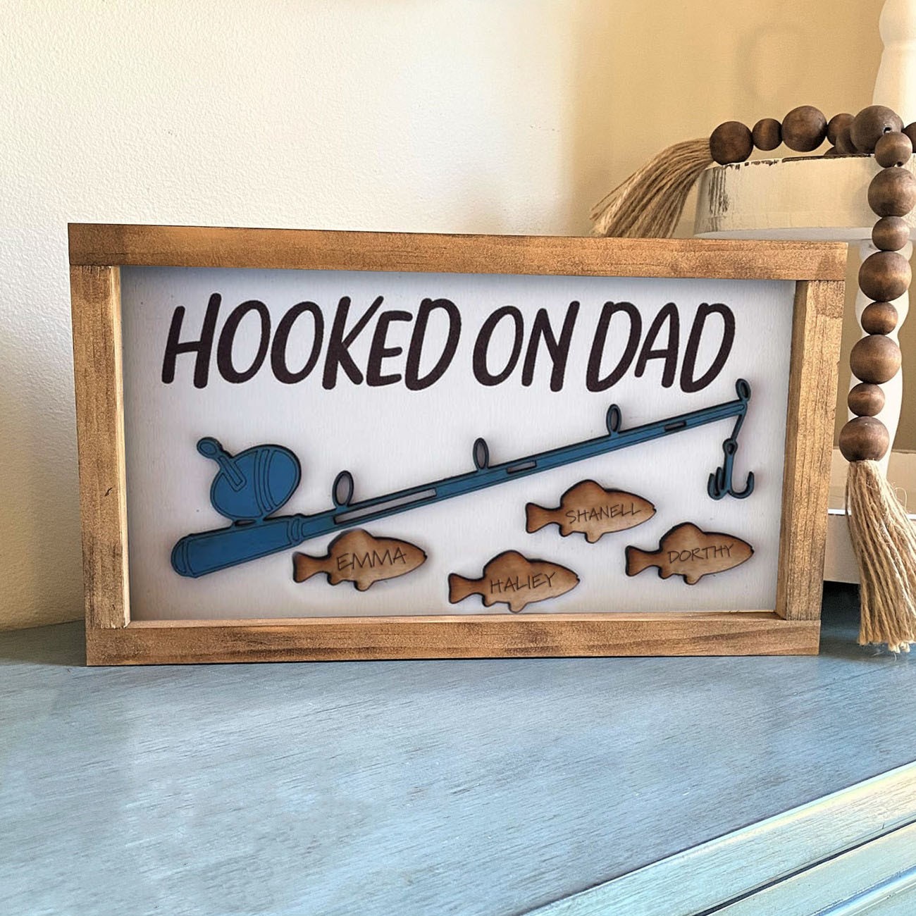 Hooked on Dad Personalised Fishing Frame With Kids Name For Father's Day