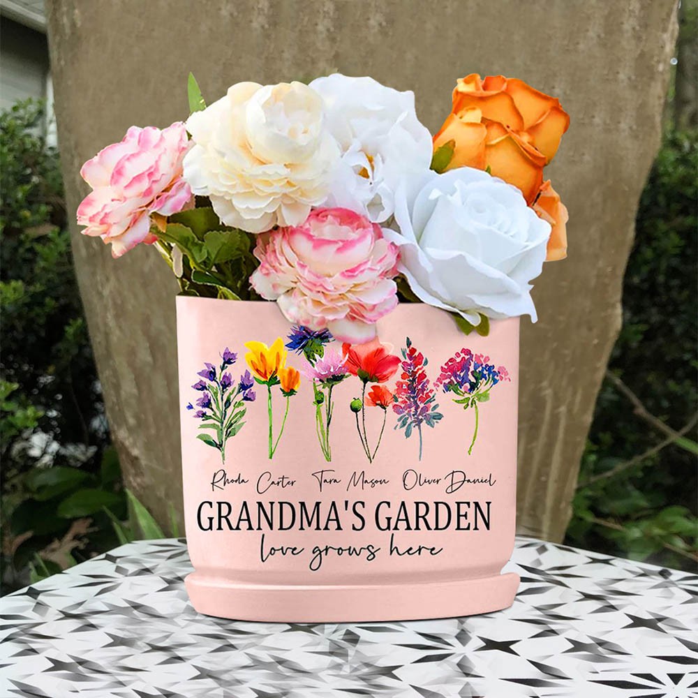 Custom Grandma's Garden Birth Month Flower Pot With Grandkids Name For Mother's Day