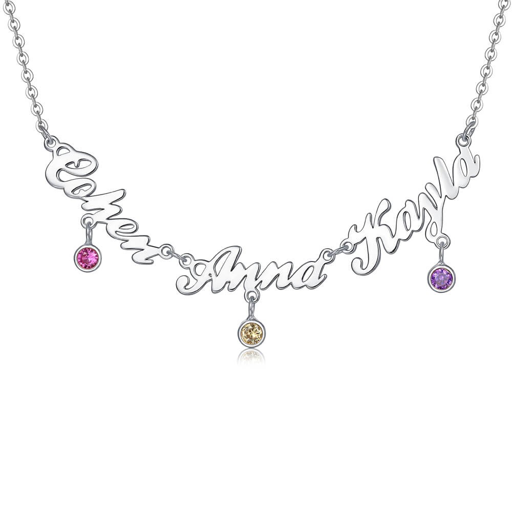 Silver Personalised Name Necklace With 1-6 Names and Birthstones