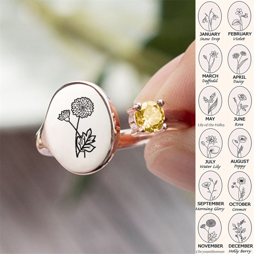 Personalised Birth Flower Ring With Birthstone November Chrysanthemum