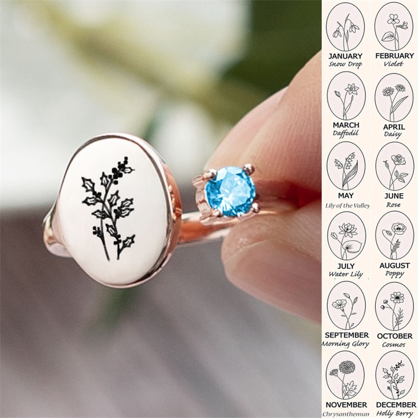 Personalised Birth Flower Ring With Birthstone December Holly