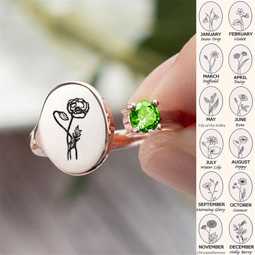 Personalised Birth Flower Ring With Birthstone August Poppy