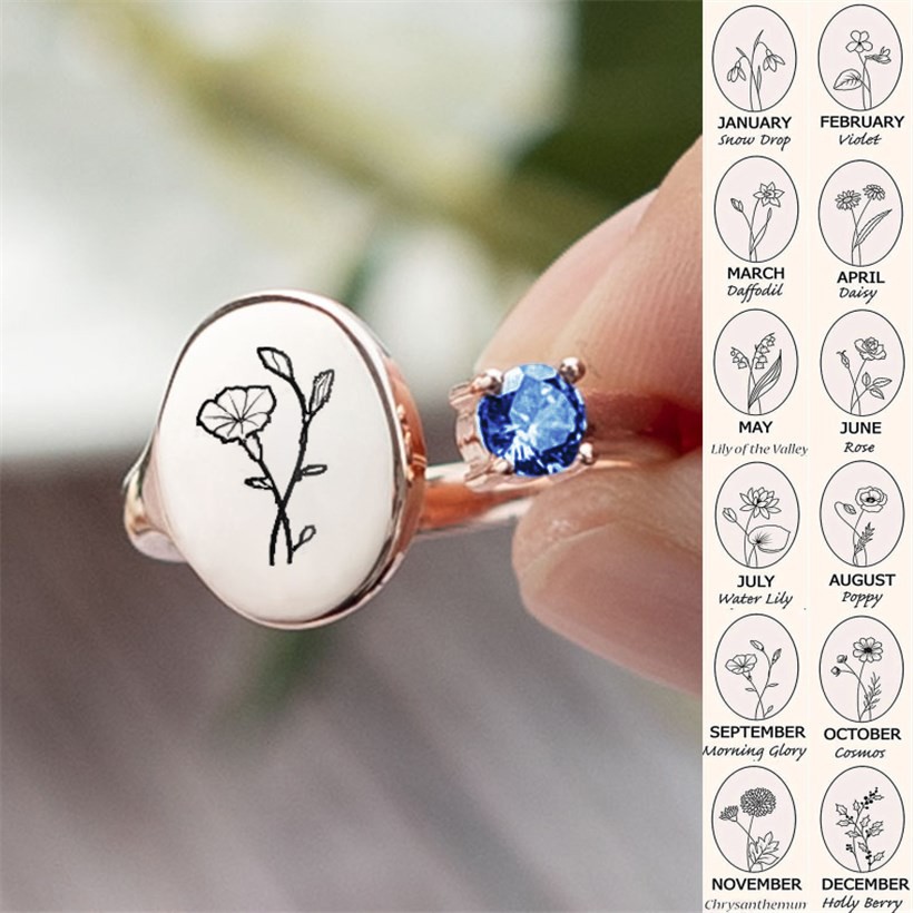 Personalised Birth Flower Ring With Birthstone September Morning Glory