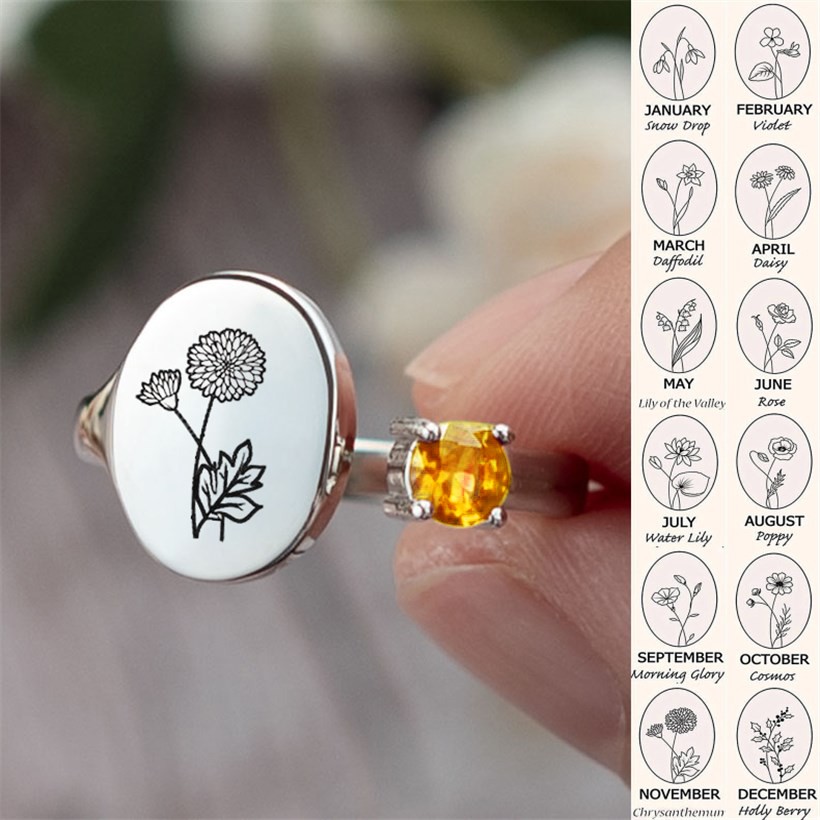 Personalised Birth Flower Ring With Birthstone November Chrysanthemum