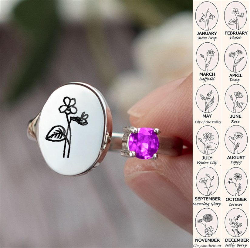 Personalised Birth Flower Ring With Birthstone February Violet