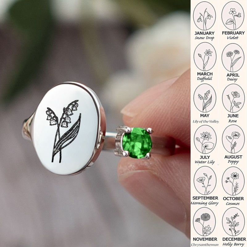 Personalised Birth Flower Ring With Birthstone May Lily of the valley