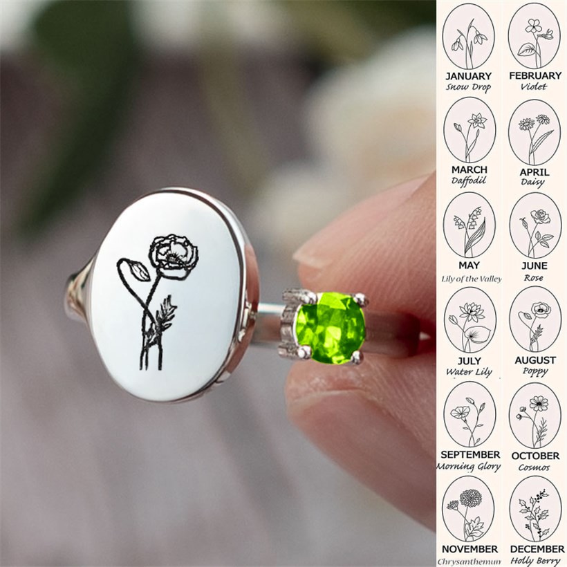 Personalised Birth Flower Ring With Birthstone August Poppy