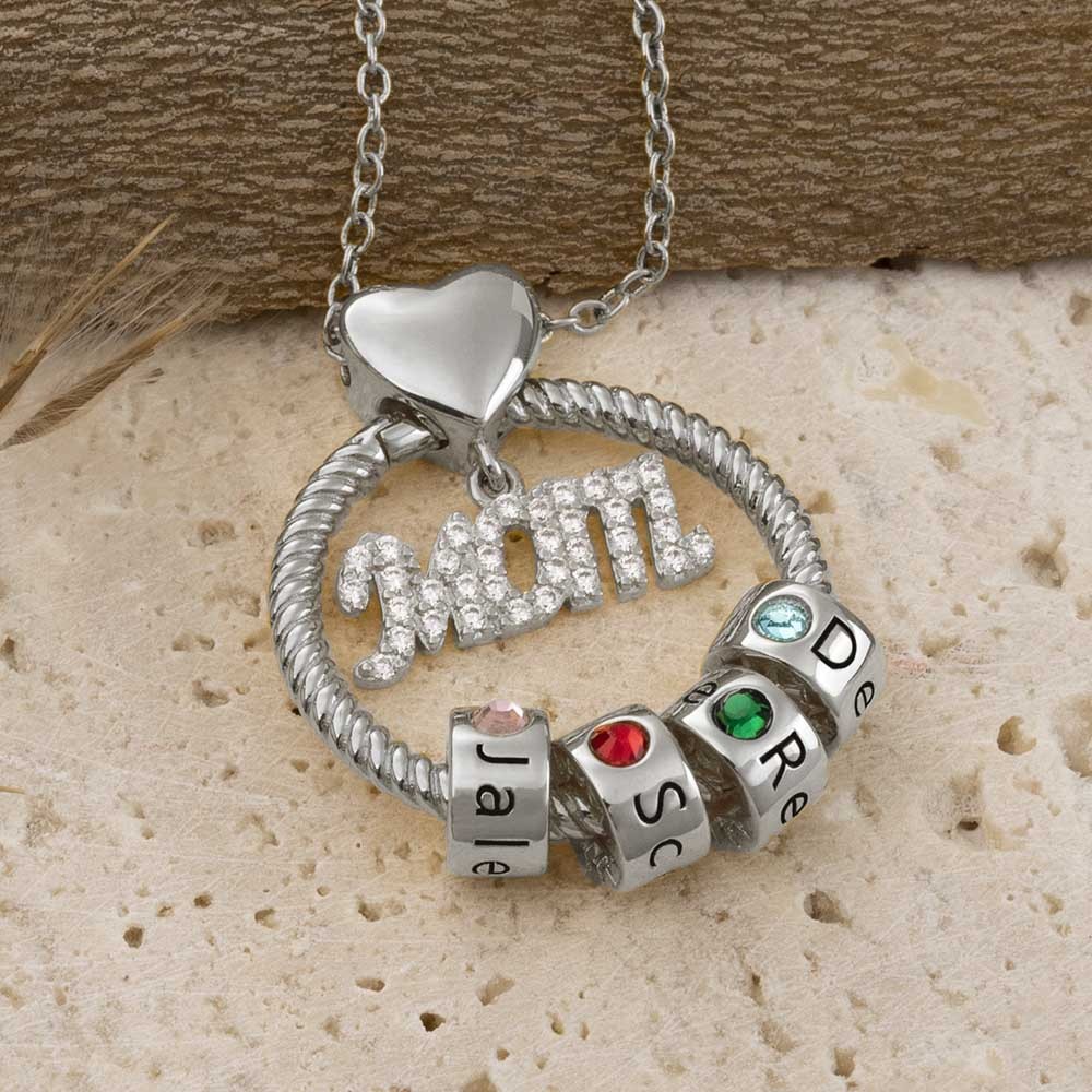 Silver Linda Circle Pendant Necklace With Engraved Name Beads Mum Birthstone Gift