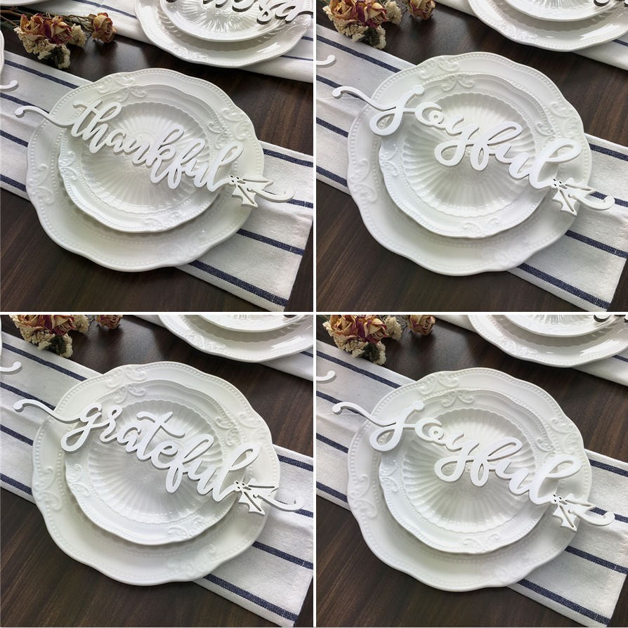 Set of 4 Thanksgiving Place Cards For Dining Table Decor Personalised Words Sign
