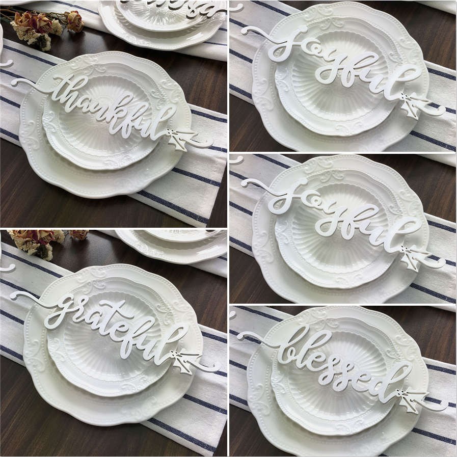 Set of 5 Thanksgiving Place Cards For Dining Table Decor Personalised Words Sign