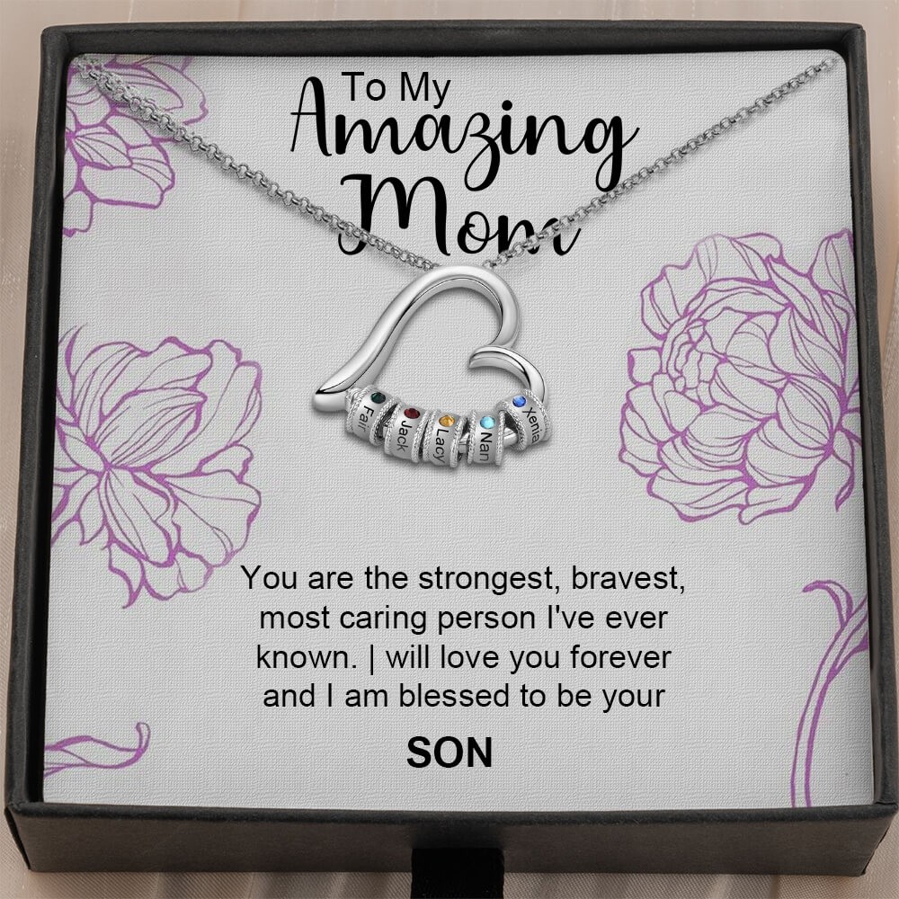 To My Mum Personalised Heart Necklace with Engraved Name Beads For Mother's Day