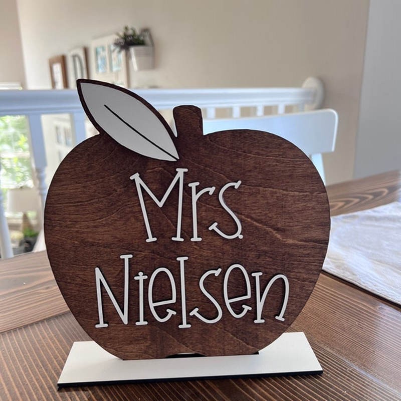 Personalised Teacher Name Wood Apple Sign Back to School Office Decor Christmas Gift