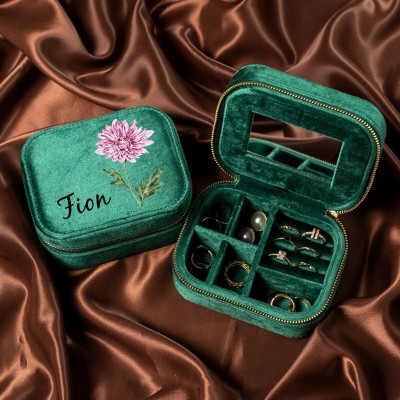 Personalised Birth Flower Jewelry Travel Box Bridesmaid Gift Case With Name