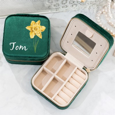 Personalised Birth Flower Jewelry Travel Box Bridesmaid Gift Case With Name