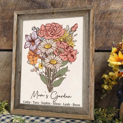Custom Mum's Garden Birth Flower Bouquet Art Wood Sign For Mum Grandma Christmas Gift Ideas