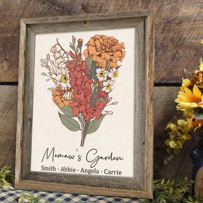 Custom Memaw's Garden Birth Flower Family Bouquet Art Wood Sign For Mum Grandma Christmas Gift Ideas