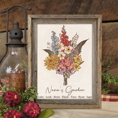 Custom Nana's Garden Birth Flower Family Bouquet Art Wood Sign For Mum Grandma Christmas Gift Ideas