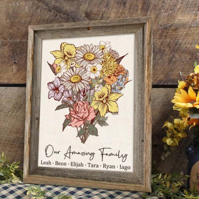 Custom Birth Flower Family Bouquet Art Wood Sign For Mum Grandma Christmas Gift Ideas