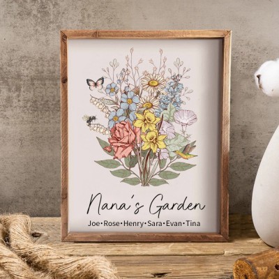 Custom Nana's Garden Birth Flower Bouquet Art Wood Sign For Mum Grandma Christmas Gift Ideas