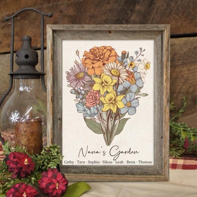 Custom Nana's Garden Birth Flower Bouquet Art Wood Sign For Mum Grandma Christmas Gift Ideas