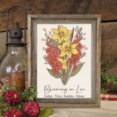 Custom Birth Flower Family Bouquet Art Wood Sign For Mum Grandma Christmas Gift Ideas