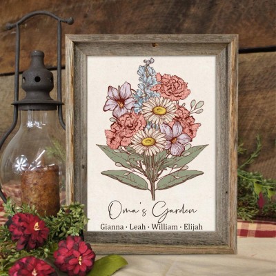 Custom Oma's Garden Birth Flower Family Bouquet Art Wood Sign For Mum Grandma Christmas Gift Ideas
