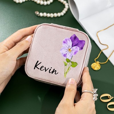 Personalised Birth Flower Jewelry Travel Box Bridesmaid Gift Case With Name