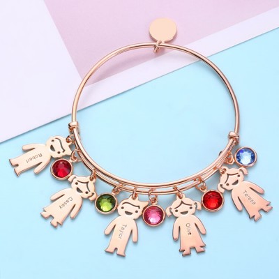 18K Rose Gold Plating Personalised Birthstone Bangle Bracelet With 1-12 Name Engraved on Kid Charm