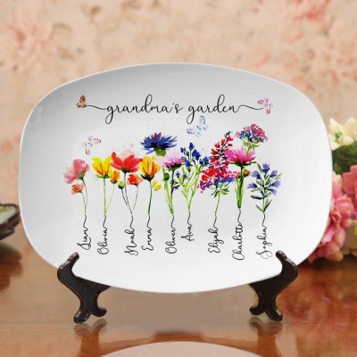 Personalised Grandma's Garden Platter With Grandkids Name and Birth Month Flower For Mother's Day