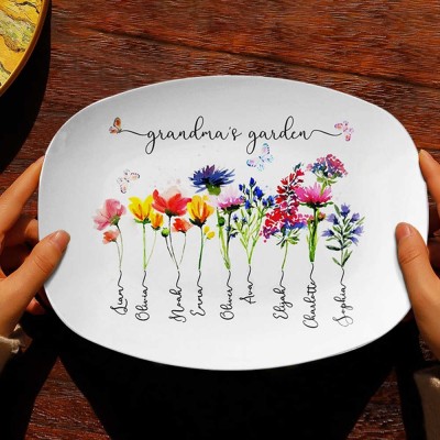 Personalised Grandma's Garden Platter With Grandkids Name and Birth Month Flower For Mother's Day