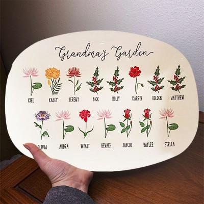Grandma's Garden Personalised Birth Month Flower Family Platter With Grandchildren's Names