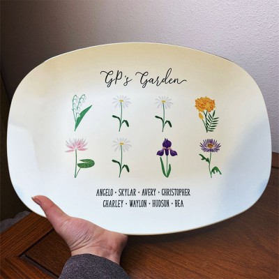 Grandma's Garden Personalized Birth Month Flower Family Platter With Grandchildren's Names