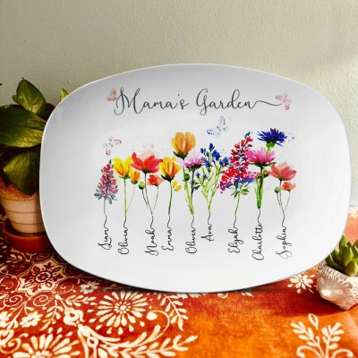 Personalized Mama's Garden Platter With Kids Name and Birth Month Flower For Mother's Day