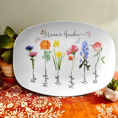 Personalised Nana's Garden Platter With Grandkids Name and Birth Month Flower For Mother's Day