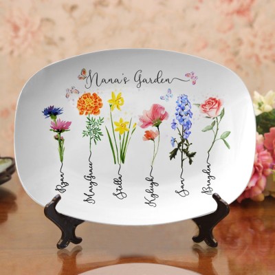 Personalised Nana's Garden Platter With Grandkids Name and Birth Month Flower For Mother's Day