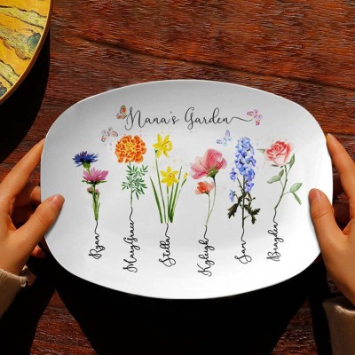 Personalised Nana's Garden Platter With Grandkids Name and Birth Month Flower For Mother's Day