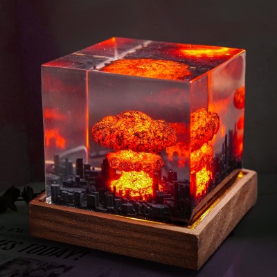 Nuke Bomb Mushroom Cloud Epoxy Resin Wood Lamp Gifts For Peace Lovers