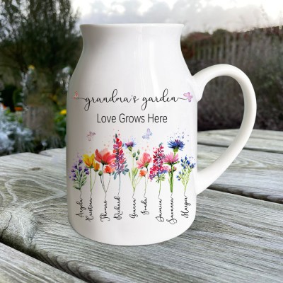 Custom Grandma's Garden Vase With Grandkids Name and Birth Flower For Mother's Day Christmas