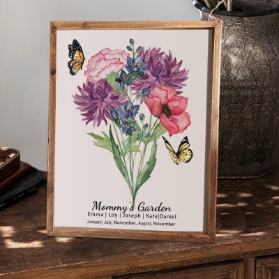 Custom Mummy's Garden Birth Flower Family Bouquet Wood Sign Art With Kids Name For Christmas Mother's Day