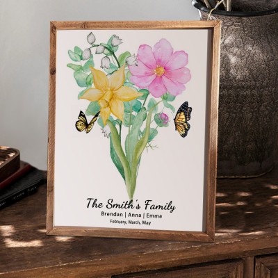 Custom Birth Flower Family Bouquet Wood Sign Art With Names For Christmas Mother's Day Gift Ideas