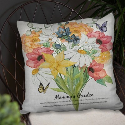 Custom Mum's Garden Birth Flower Family Bouquet Pillow With Kids Name For Christmas Mother's Day