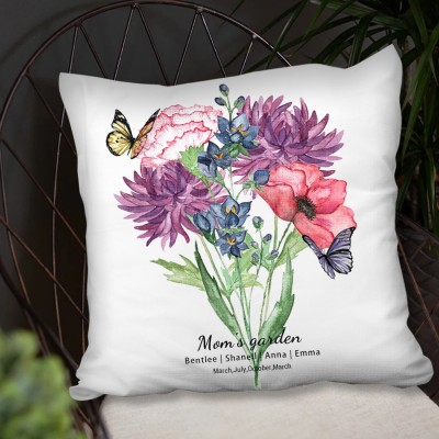 Custom Mum's Garden Birth Flower Family Bouquet Pillow With Kids Name For Christmas Mother's Day