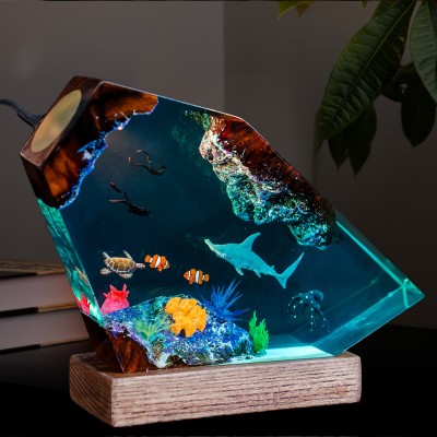 Hammerhead Shark and Octopus Resin Wood Lamp Handmade Gifts For Ocean Lovers