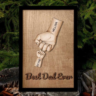 Personalised Dad and Kids Fist Bump With Name Engraving Wood Sign For Father's Day Home Decor
