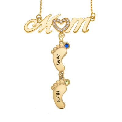 Personalised BabyFeet Mum Name Necklace With Birthstones 1-10 Charms Pendants