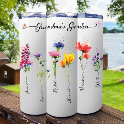 Personalised Grandma's Garden Tumbler With Grandkids Name and Birth Month Flower For Mother's Day