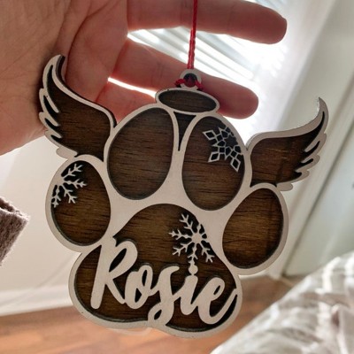 Personalised Wood Pet Paw Memorial Ornament with Wings Name Engraved