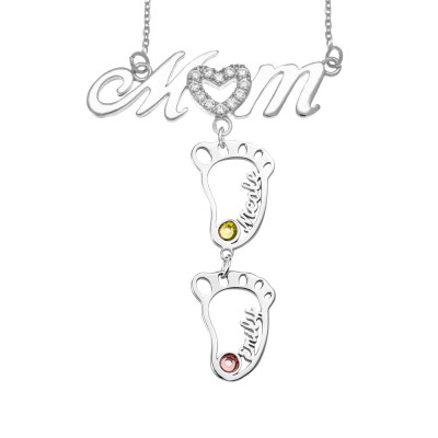 Silver Personalised 1-10 Hollow BabyFeet Name Mum Necklace With Birthstones