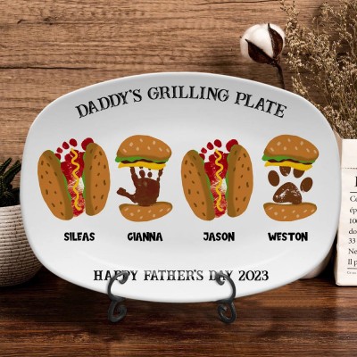 Custom Daddy's Grilling Plate Burger Hot Dog Handprint Footprint Platter With Kids Name For Father's Day